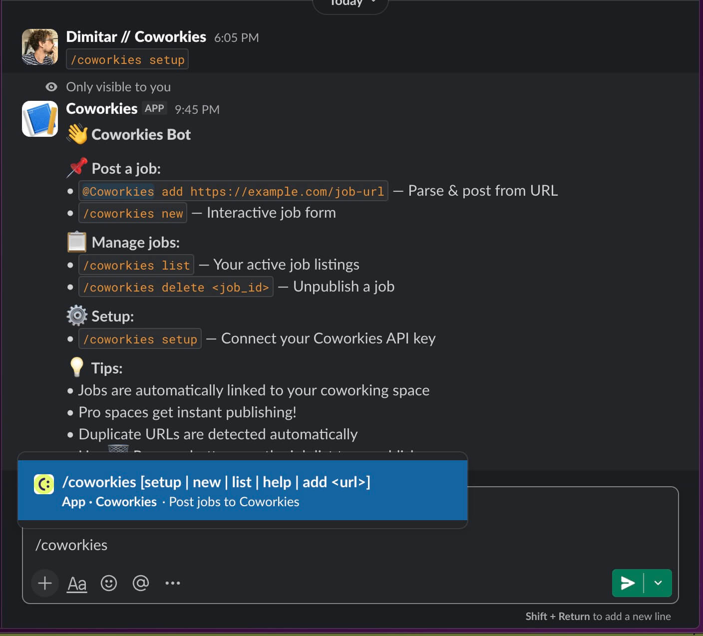 Coworkies Slack bot showing the /coworkies command menu